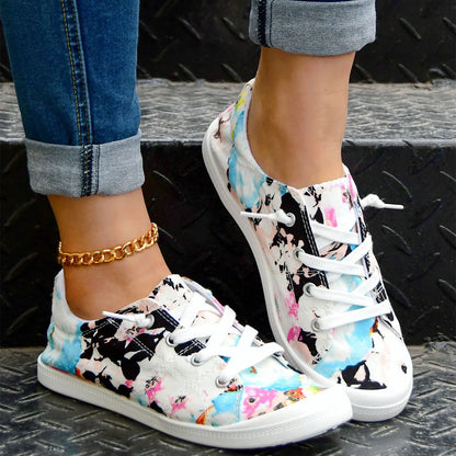 Women’s Floral Lace-Up Sneakers – Lightweight Casual Flat Shoes