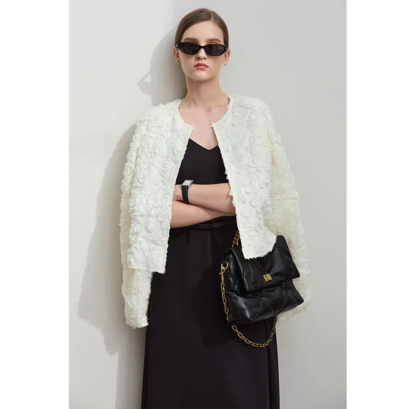 Women’s Elegant Short Jacket – Romantic Flower O-Neck Hook Button Coat