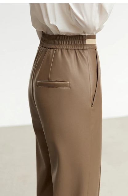 Women’s PU Leather Casual Pants – Loose Straight Floor-Length Trousers