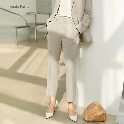 Women’s Office Blazer Set – Lace V-Neck Top & High Waist Pants
