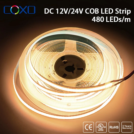 COB LED Strip Light – High Density 320/480 LEDs/m, 16.4ft Tape