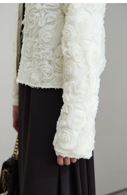 Women’s Elegant Short Jacket – Romantic Flower O-Neck Hook Button Coat