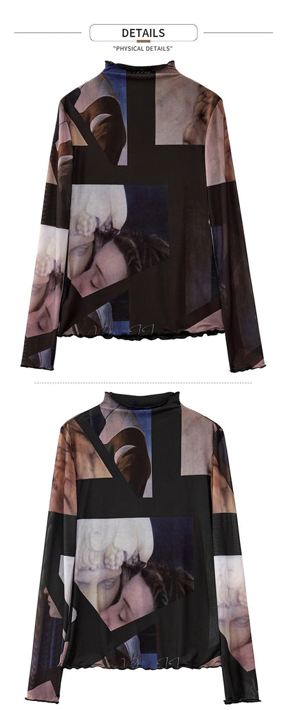 Women’s Long Sleeve Mesh Print T-Shirt – Slim Trendy Spring Top