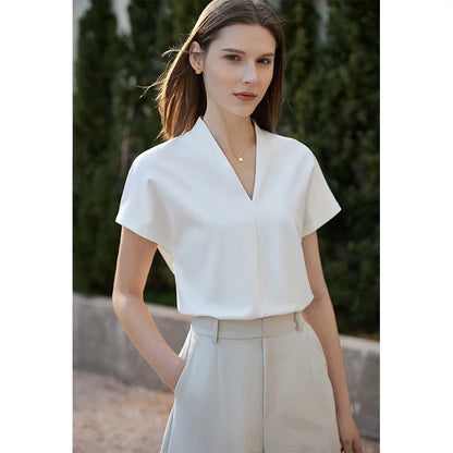 Women’s Classic V-Neck Short Sleeve T-Shirt – Casual Solid Stretch Top