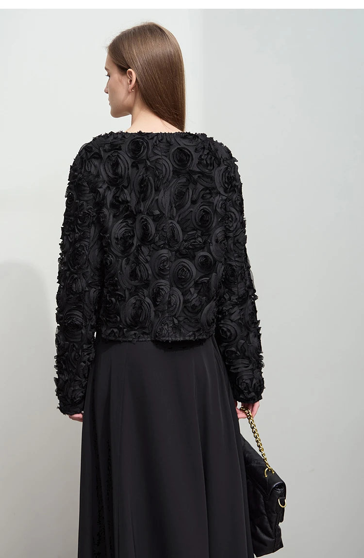 Women’s Elegant Short Jacket – Romantic Flower O-Neck Hook Button Coat