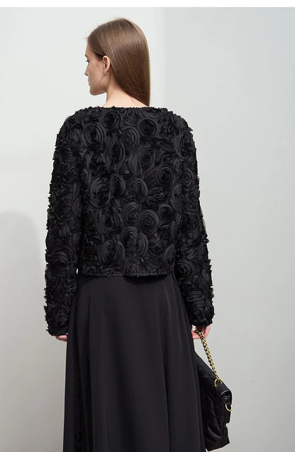 Women’s Elegant Short Jacket – Romantic Flower O-Neck Hook Button Coat