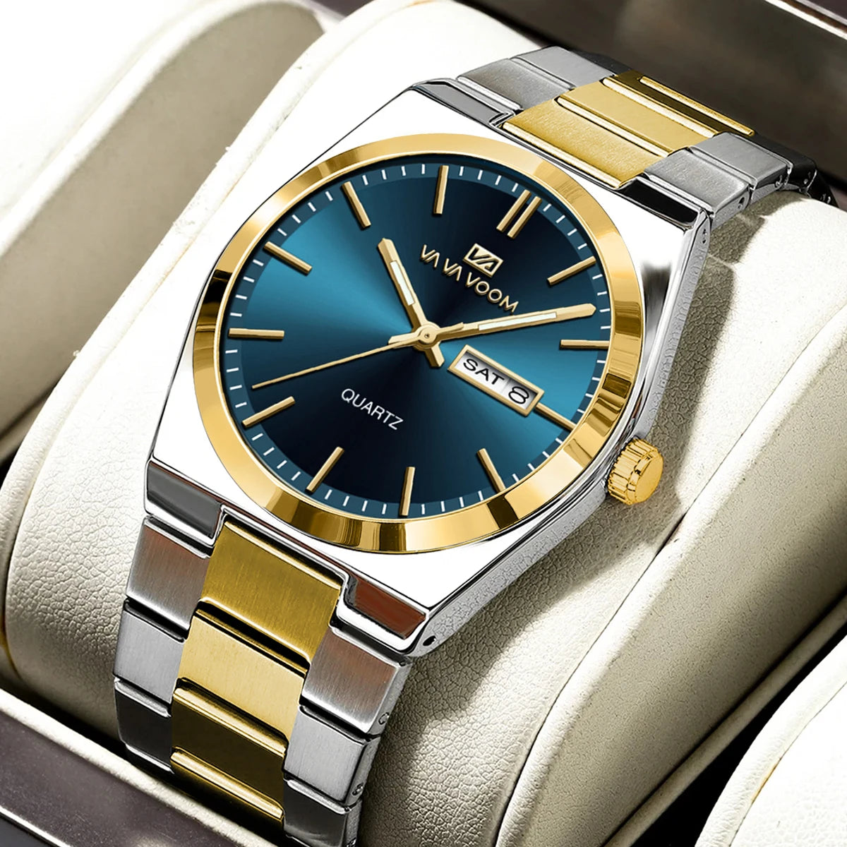 Men’s Stainless Steel 40mm Quartz Watch – Double Calendar & Waterproof