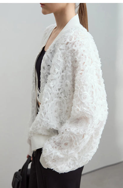 Women’s V-Neck Zipper Jacket – Hollow Flower Loose Casual Top