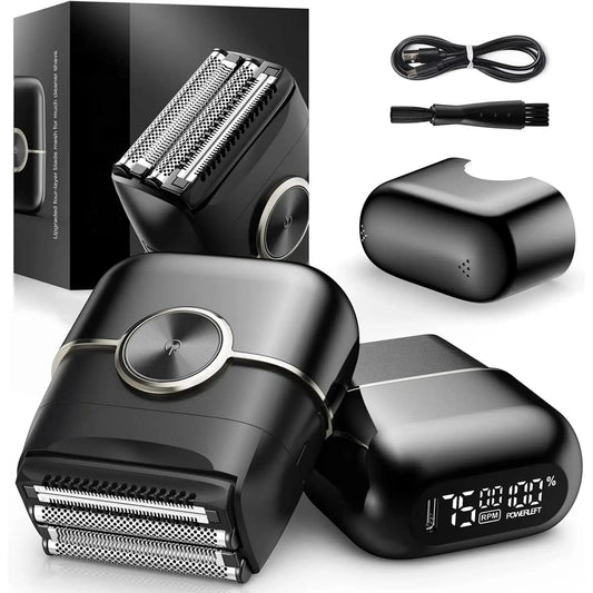 Black electric shaver with digital display, packaging, and accessories on a white background