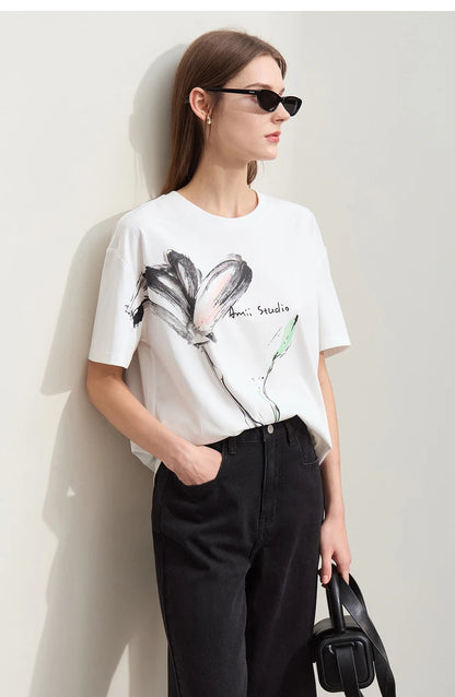 Women’s Summer Ink Art Print T-Shirt – Loose O-Neck Cotton Tee