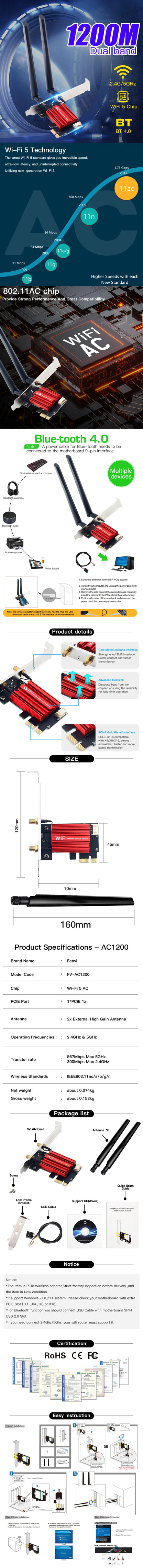 FENVI AC1200 WiFi 5 PCI-E Adapter with Bluetooth 4.0 for PC