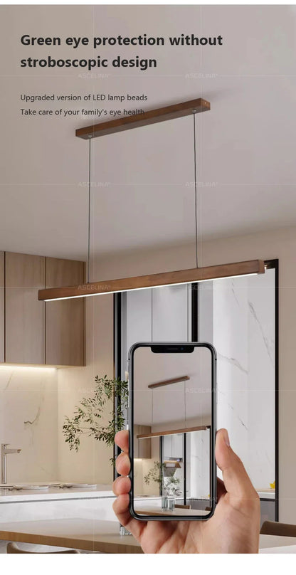 Nordic Wood LED Pendant Light – Long Strip Dining Table Fixture