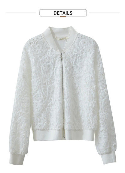Women’s V-Neck Zipper Jacket – Hollow Flower Loose Casual Top