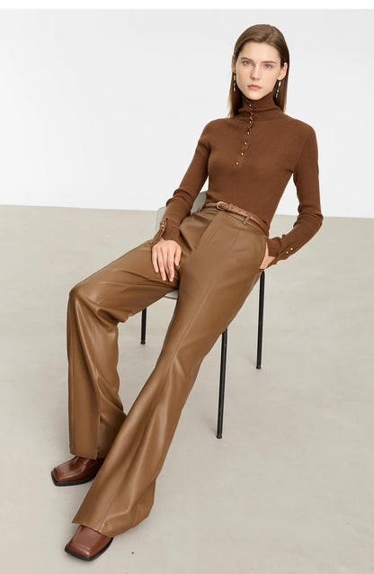 Women’s PU Leather Casual Pants – Loose Straight Floor-Length Trousers