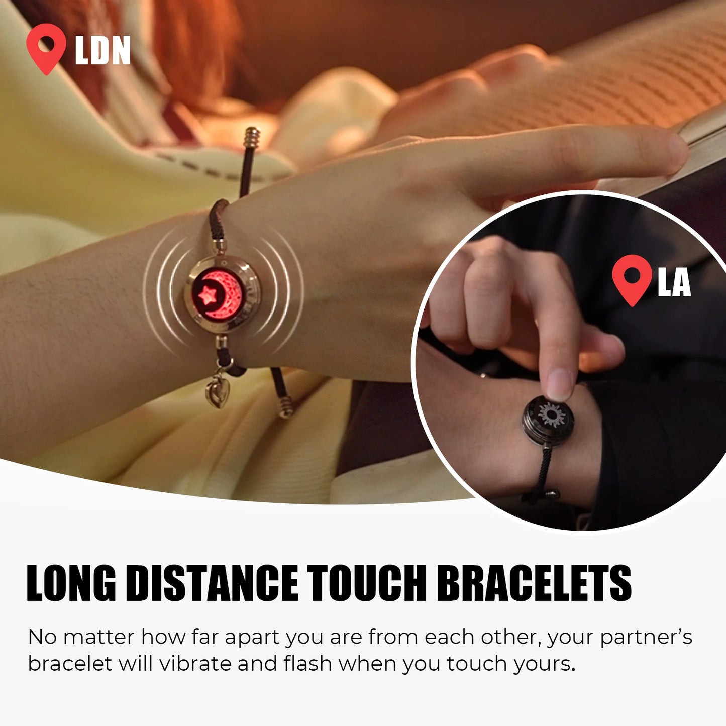 Long Distance Touch Bracelets – Sun & Moon Light-Up Couples Gift