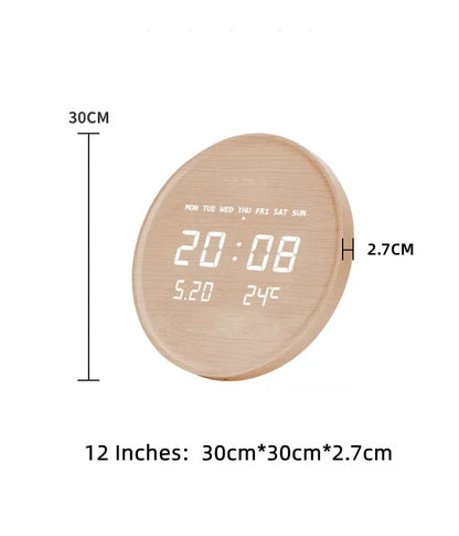 Round Wooden LED Digital Wall Clock – Silent & Modern Display