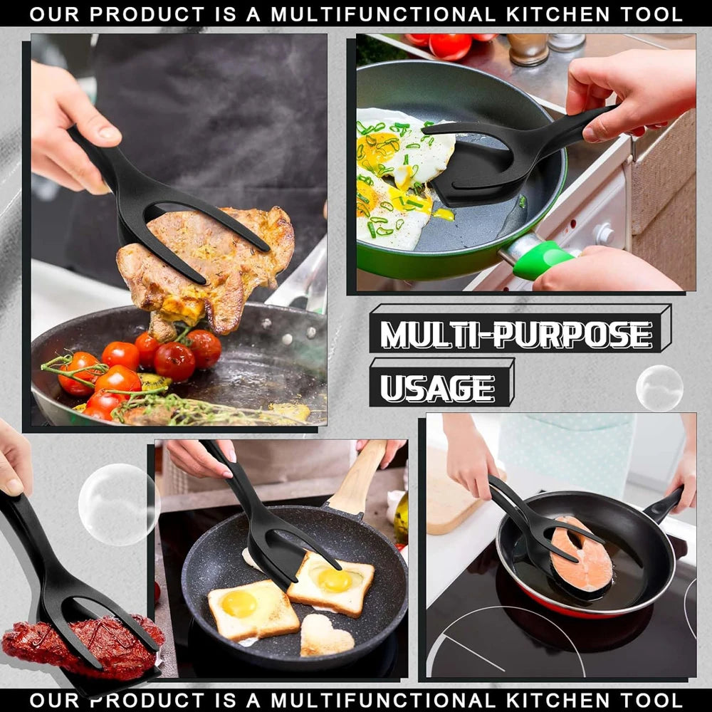 2-in-1 Grip Flip Spatula Tongs - Nylon Non-Stick Egg Flipper for Pancakes, Fish