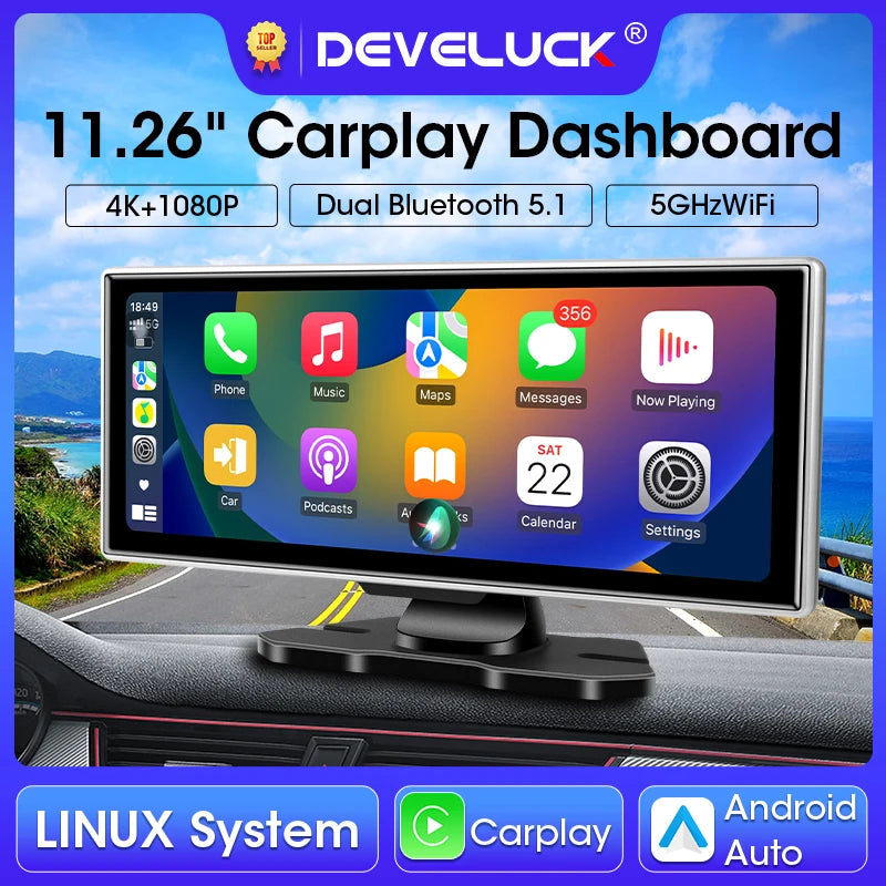 4K Dual Lens Car DVR Dash Cam with CarPlay, Android Auto, GPS, WiFi