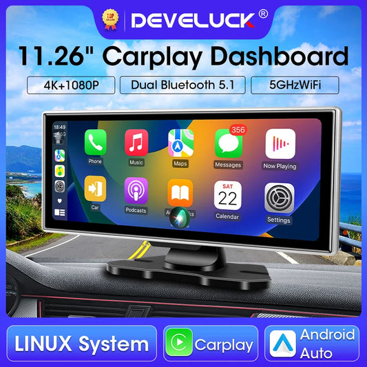 4K Dual Lens Car DVR Dash Cam with CarPlay, Android Auto, GPS, WiFi