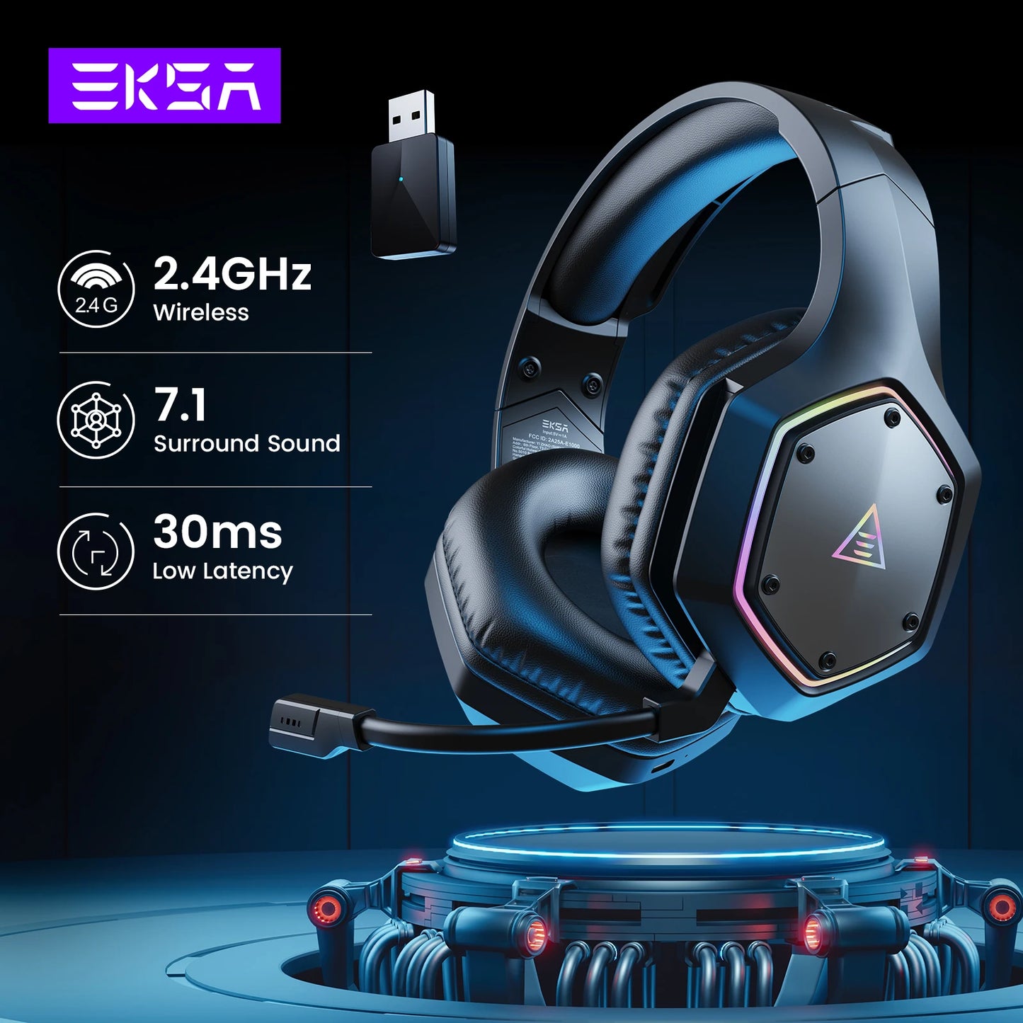 Cartmela E1000 WT Wireless Gaming Headset – 7.1 Surround with ENC Mic