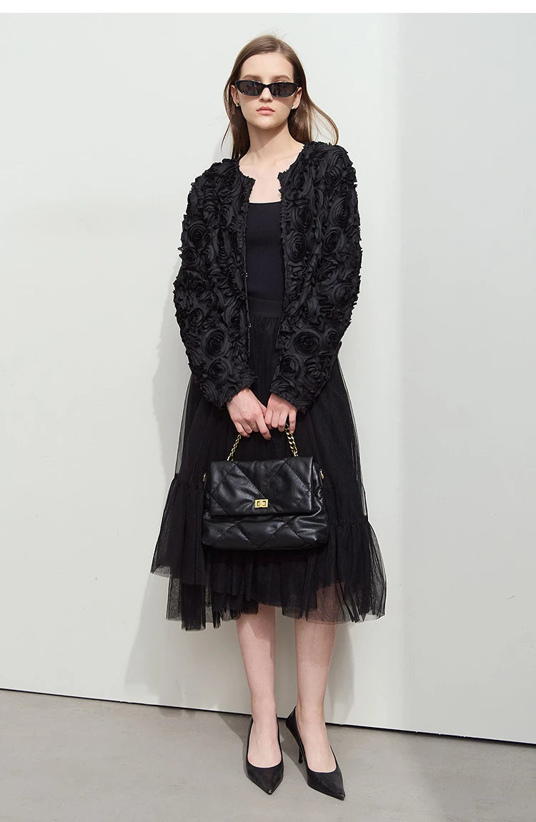 Women’s Elegant Short Jacket – Romantic Flower O-Neck Hook Button Coat