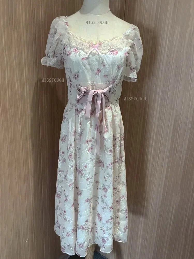 Women’s Summer Lace Fairy Dress – Square Collar Floral Princess Dress