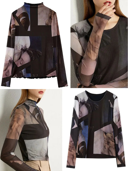 Women’s Long Sleeve Mesh Print T-Shirt – Slim Trendy Spring Top
