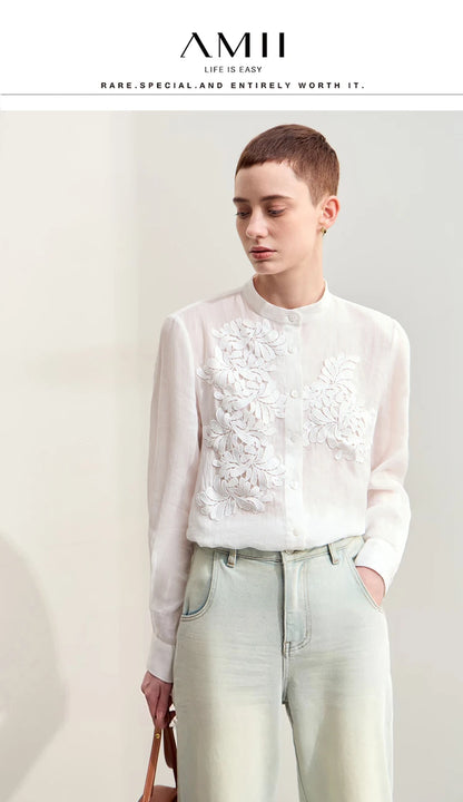 Women’s Autumn Stand Collar Lace Shirt – Elegant Shell Button Blouse