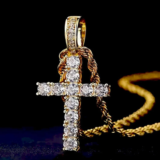 Unisex Gold Iced-Out Hip Hop Cross Pendant Necklace – Statement Chain