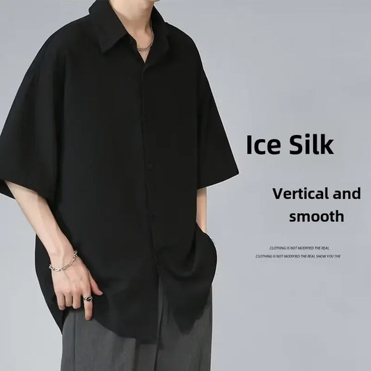 Men’s Ice Silk Summer Shirt Casual Loose Fit Korean Style Short Sleeve