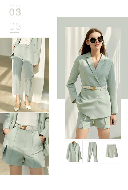 Women’s Office Blazer Set – Lace V-Neck Top & High Waist Pants