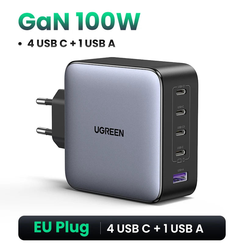 100W GaN Fast Charger – 5-Port USB-C PD QC4.0 Charger Hub