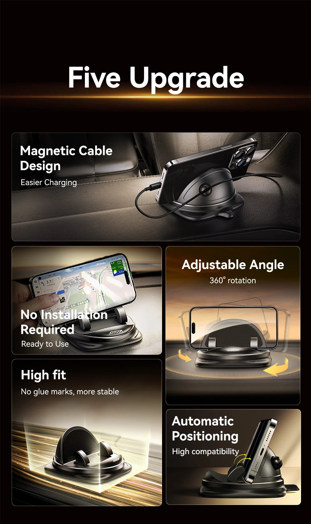 Joyroom Car Phone Holder – 360° Rotation, One-Handed Dashboard Mount