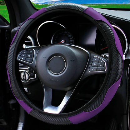 PU Carbon Fiber Leather Steering Wheel Cover 14.5–15 Inch Car Accessory