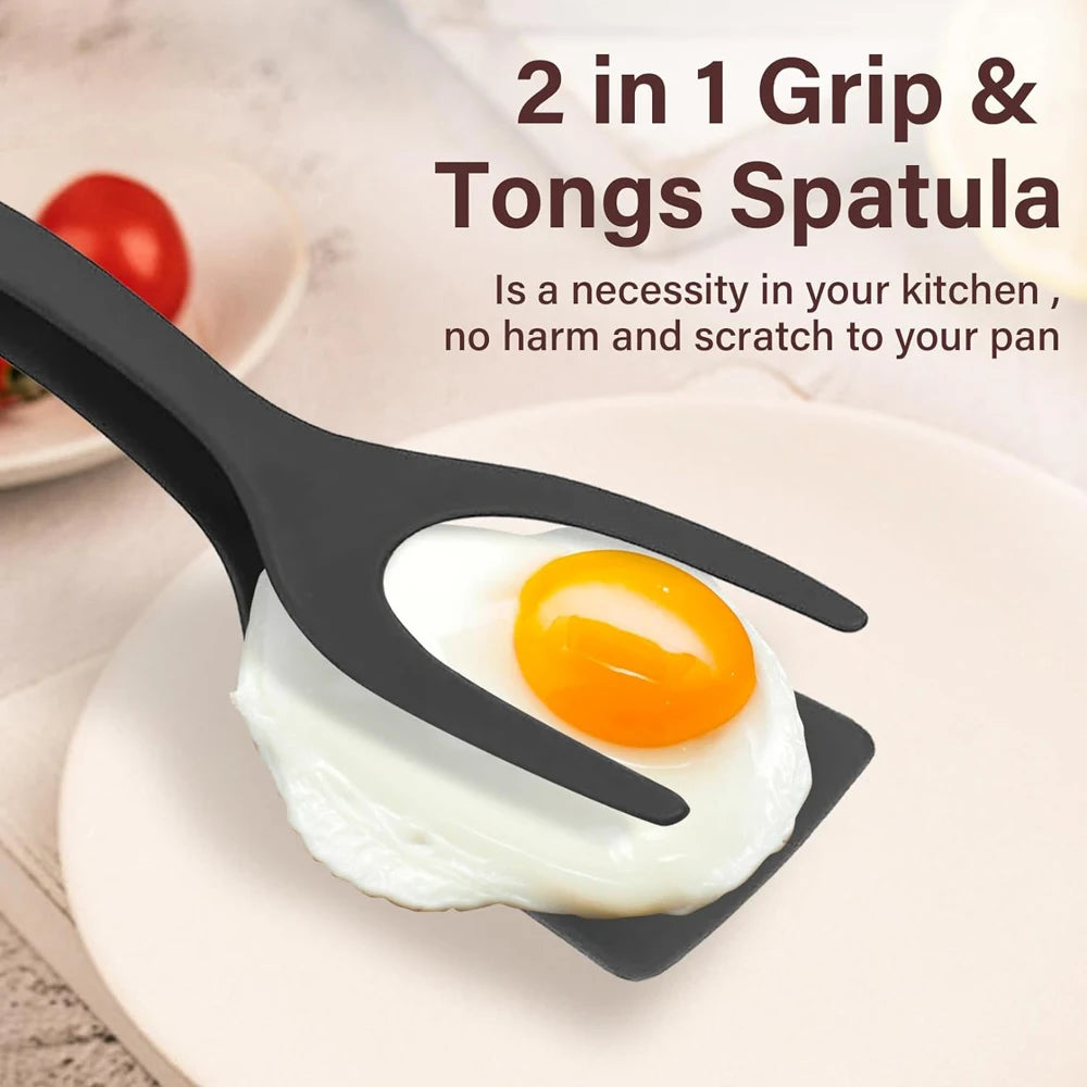 2-in-1 Grip Flip Spatula Tongs - Nylon Non-Stick Egg Flipper for Pancakes, Fish