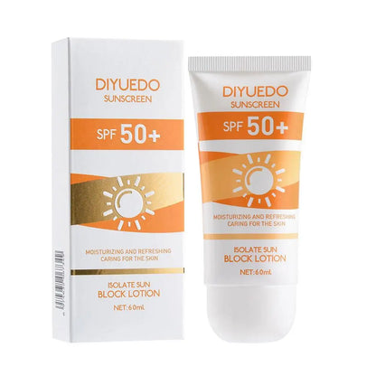 DIYUEDO sunscreen SPF 50+ packaging and tube on a white background