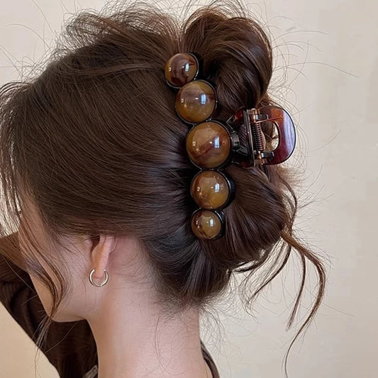 Retro Gradient Beaded Hair Claw – Geometric Plastic Hairpin Shark Clip