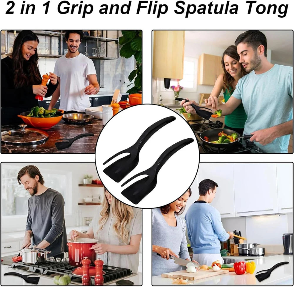 2-in-1 Grip Flip Spatula Tongs - Nylon Non-Stick Egg Flipper for Pancakes, Fish