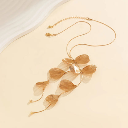 Gold Metal Petal Charm Tassel Necklace – Long Choker for Women