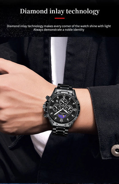 43mm Stainless Steel Men’s Quartz Watch – Diamond Night Glow