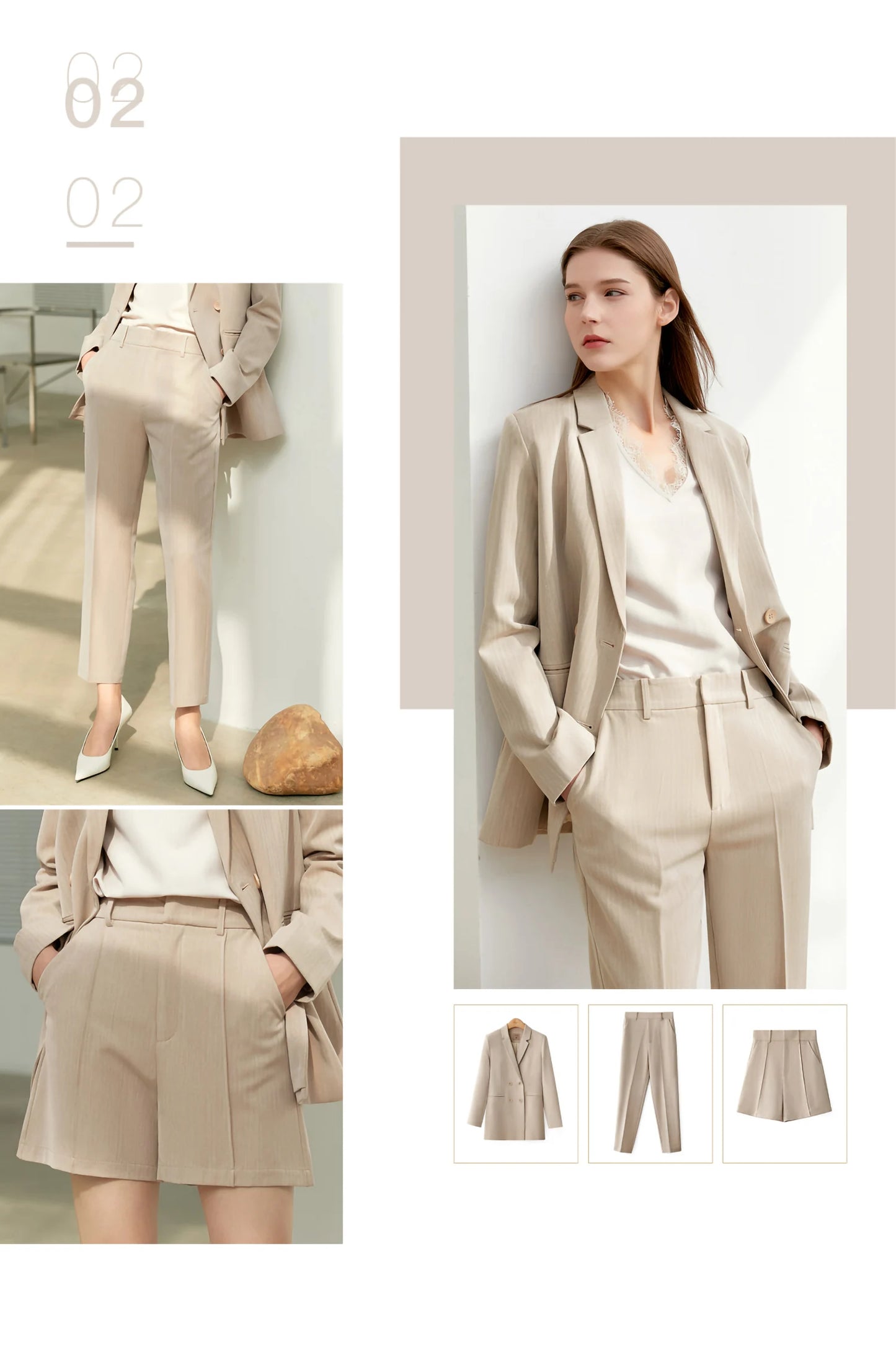 Women’s Office Blazer Set – Lace V-Neck Top & High Waist Pants