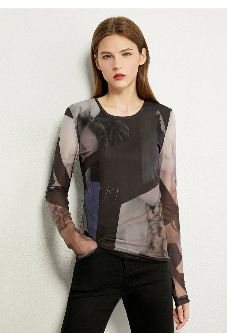 Women’s Long Sleeve Mesh Print T-Shirt – Slim Trendy Spring Top