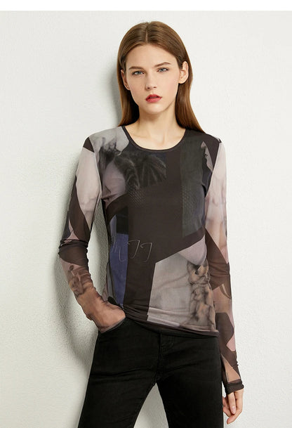 Women’s Long Sleeve Mesh Print T-Shirt – Slim Trendy Spring Top