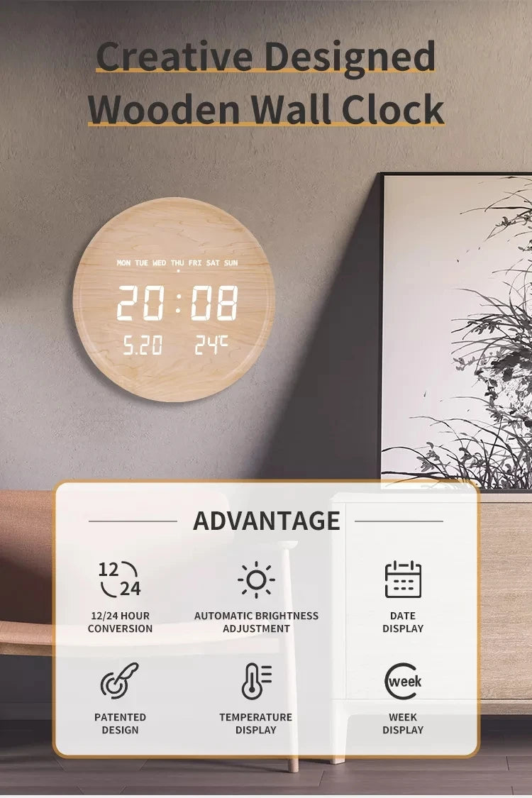 Round Wooden LED Digital Wall Clock – Silent & Modern Display
