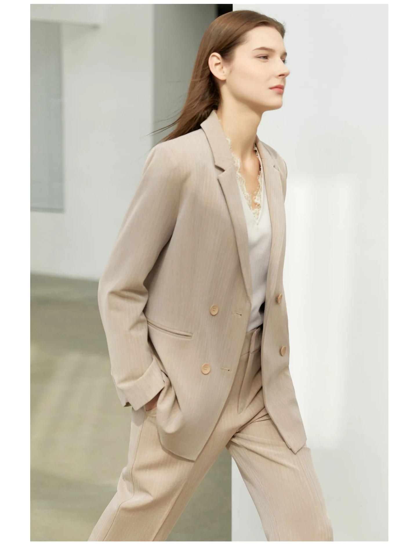 Women’s Office Blazer Set – Lace V-Neck Top & High Waist Pants