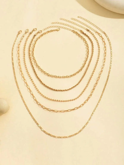 Layered Gold Tone Necklace Set – 5pcs Braided & Beaded Chains