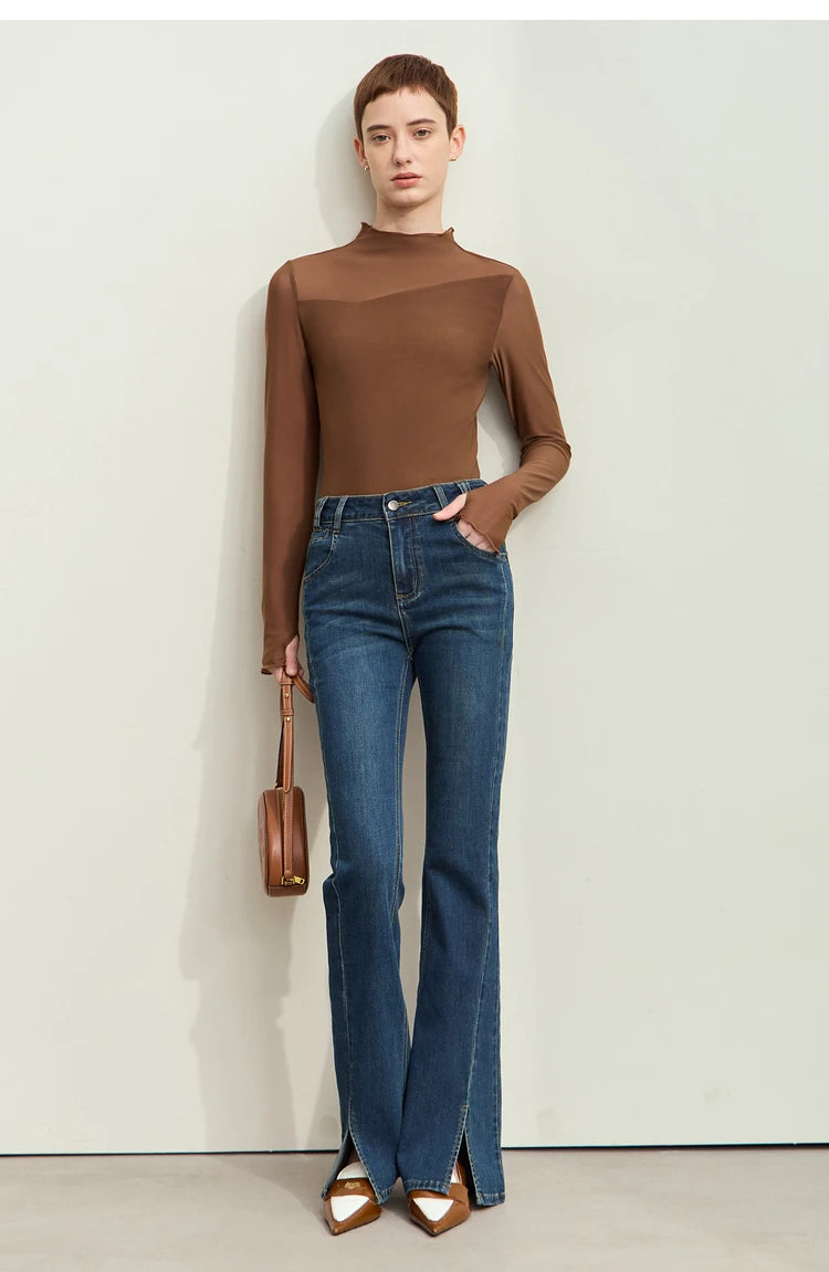 Women’s Mesh Half-High Neck Slim T-Shirt – Retro Office Spring Top