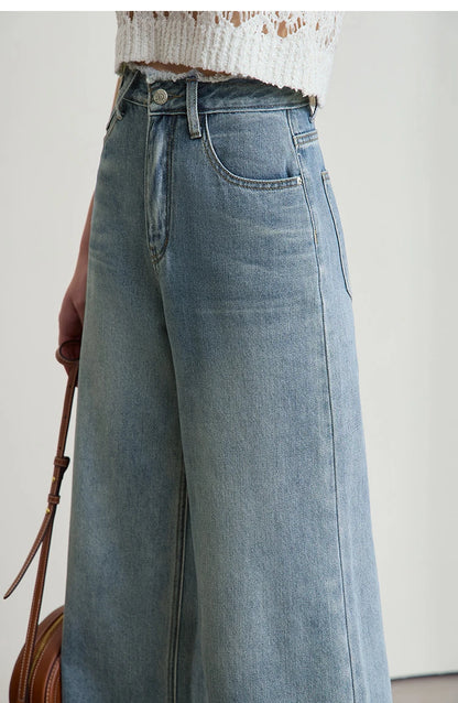 Women’s Blue Wide Leg Denim Jeans – Low Waist Loose Casual Trousers