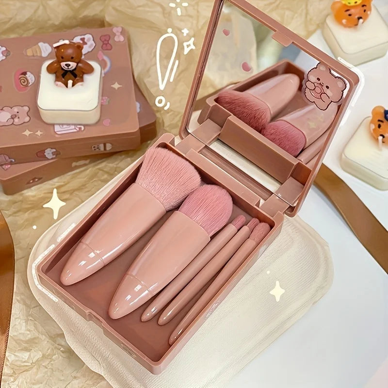 5Pcs Portable Makeup Brush Set with Mirror – Foldable Travel Kit