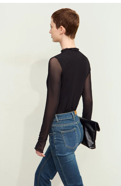 Women’s Mesh Half-High Neck Slim T-Shirt – Retro Office Spring Top